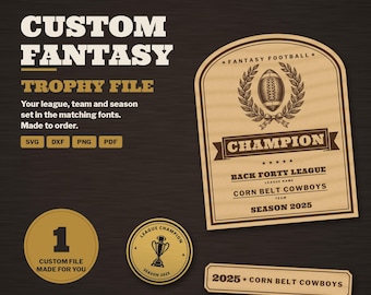 Plik laserowy do personalizowanego pucharu fantasy football, spersonalizowana tabliczka mistrza ligi, znak ostatniego miejsca w formacie SVG DXF
