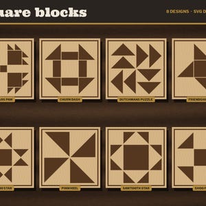 Barn Quilt Coaster SVG Bundle, 8 Laser Cut Files, Square and Round, Iowa Farm Quilt Block Engrave File, Glowforge LightBurn xTool DXF image 2
