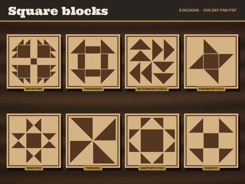 Barn Quilt Coaster SVG Bundle, 8 Laser Cut Files, Square and Round, Iowa Farm Quilt Block Engrave File, Glowforge LightBurn xTool DXF image 2