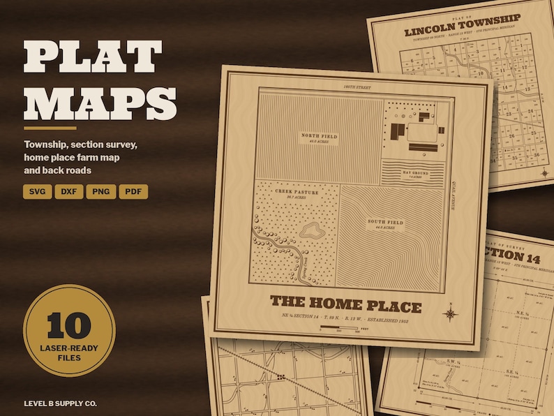 Plat Map SVG Bundle, Township Section Grid Laser File, Farm Home Place Map, Gravel Road Grid, Coaster and Sign Engrave File DXF immagine 1