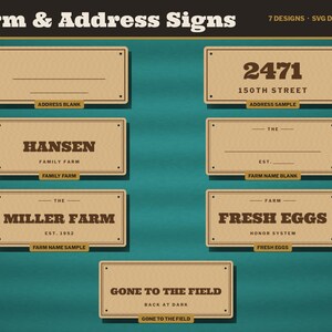 Op de afbeelding: Een verzameling van zeven rechthoekige boerderij- en adresbord-sjablonen in een beige kleur met donkerbruine tekst. De ontwerpen bevatten lege adres- en boerderijnaamopties, evenals voorbeelden met de tekst 2471 150th Street, Hansen Family Farm, The Miller Farm Est. 1952, Fresh Eggs Honor System en Gone To The Field Back At Dark.