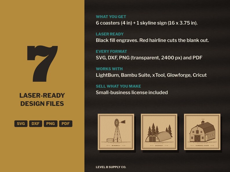 Farmstead SVG Bundle, Barn Grain Bin Silo Windmill Quonset Farmhouse Laser File, Farm Skyline Sign, Coaster Engrave File DXF image 4