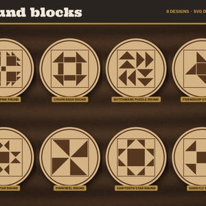 Barn Quilt Coaster SVG Bundle, 8 Laser Cut Files, Square and Round, Iowa Farm Quilt Block Engrave File, Glowforge LightBurn xTool DXF image 3