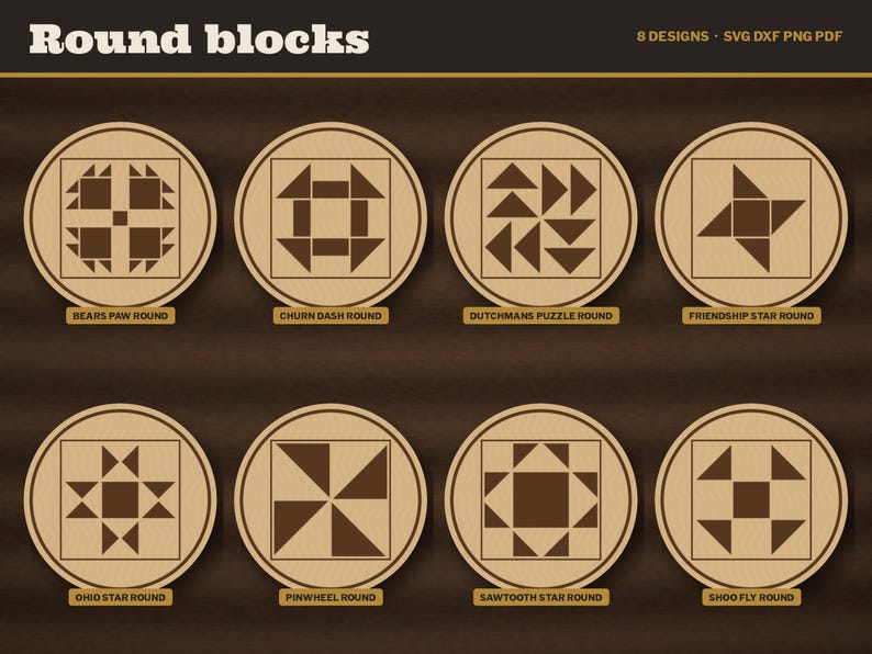 Barn Quilt Coaster SVG Bundle, 8 Laser Cut Files, Square and Round, Iowa Farm Quilt Block Engrave File, Glowforge LightBurn xTool DXF image 3