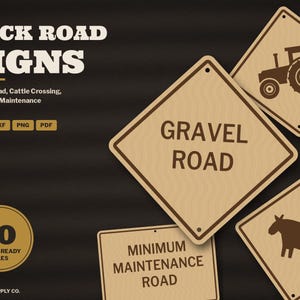 Back Road Sign SVG Bundle, Gravel Road, Minimum Maintenance Road, Cattle Crossing, Slow Moving Vehicle Laser Cut File, Rural Sign DXF Bild 1