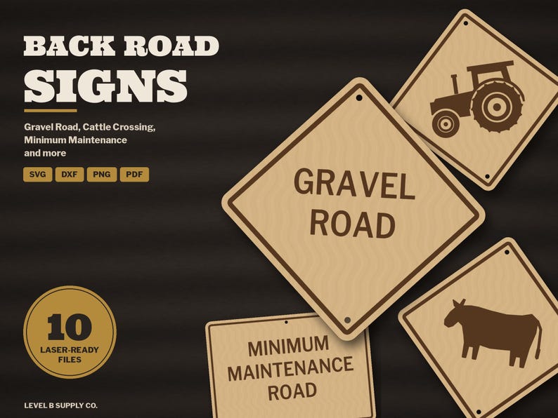 Back Road Sign SVG Bundle, Gravel Road, Minimum Maintenance Road, Cattle Crossing, Slow Moving Vehicle Laser Cut File, Rural Sign DXF Bild 1