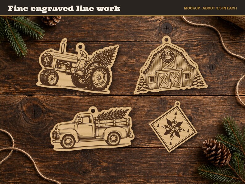 May include: Four light-coloured wooden ornaments featuring fine engraved line work. The designs include a tractor carrying a Christmas tree, a barn with a wreath, a pickup truck hauling a tree, and a diamond-shaped ornament with a star pattern.