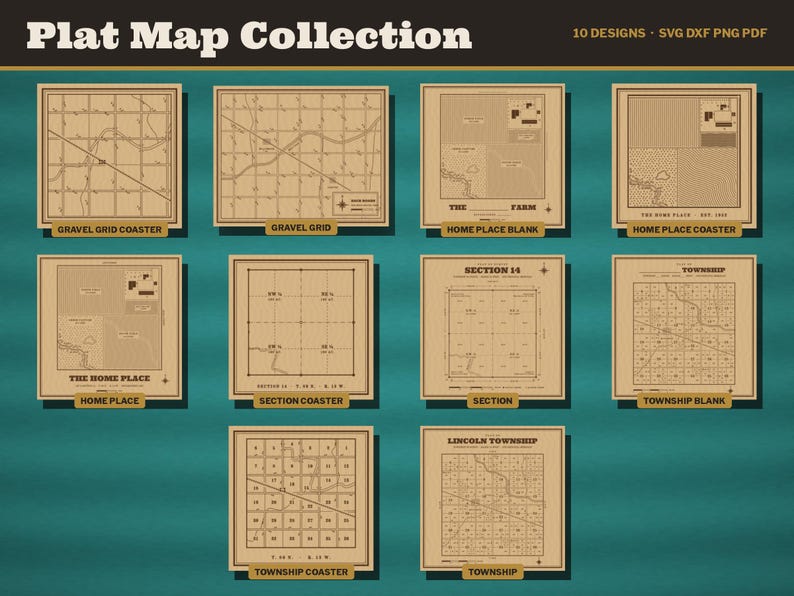 Plat Map SVG Bundle, Township Section Grid Laser File, Farm Home Place Map, Gravel Road Grid, Coaster and Sign Engrave File DXF immagine 2