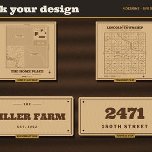 K&ouml;nnte beinhalten: Vier digitale Designvorlagen mit beigem Hintergrund und dunkelbraunem Text sowie Linien. Die Designs umfassen eine Karte mit der Aufschrift The Home Place, einen Katasterplan von Lincoln Township, ein Miller Farm-Schild von 1952 und ein Adressschild 2471 150th Street.