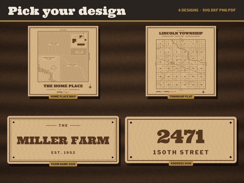K&ouml;nnte beinhalten: Vier digitale Designvorlagen mit beigem Hintergrund und dunkelbraunem Text sowie Linien. Die Designs umfassen eine Karte mit der Aufschrift The Home Place, einen Katasterplan von Lincoln Township, ein Miller Farm-Schild von 1952 und ein Adressschild 2471 150th Street.