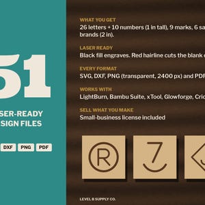 Ranch Brand SVG Alphabet, Cattle Brand Letters and Numbers, Build Your Own Brand Laser File, Rocking Bar Circle Diamond Marks DXF Bild 4