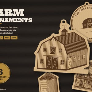 Farm Christmas Ornament SVG Bundle, Our First Christmas on the Farm, Barn Farmhouse Grain Bin Ornament Laser Cut File, Glowforge DXF image 1