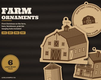 Farm Christmas Ornament SVG Bundle, Our First Christmas on the Farm, Barn Farmhouse Grain Bin Ornament Laser Cut File, Glowforge DXF