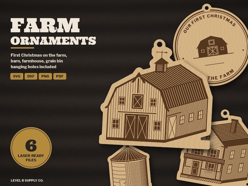 Farm Christmas Ornament SVG Bundle, Our First Christmas on the Farm, Barn Farmhouse Grain Bin Ornament Laser Cut File, Glowforge DXF image 1