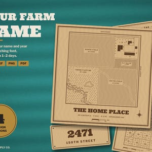K&ouml;nnte beinhalten: Ein digitales Grafikdesign mit einer beigefarbenen Farmkarte mit dem Titel THE HOME PLACE, beschrifteten Feldern, einem Bach und einer Windrose. Zus&auml;tzliche Elemente sind ein rechteckiges Schild mit dem Text 2471 150TH STREET und eine Rasterkarte.