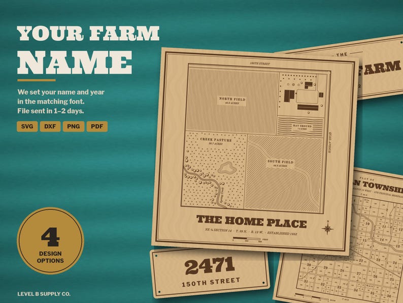 K&ouml;nnte beinhalten: Ein digitales Grafikdesign mit einer beigefarbenen Farmkarte mit dem Titel THE HOME PLACE, beschrifteten Feldern, einem Bach und einer Windrose. Zus&auml;tzliche Elemente sind ein rechteckiges Schild mit dem Text 2471 150TH STREET und eine Rasterkarte.