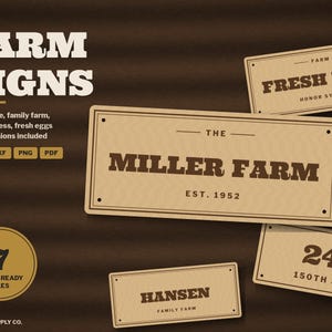 Op de afbeelding: Een digitale grafische weergave met vier rechthoekige bordontwerpen met donkerbruine tekst op een lichtbruine achtergrond. De borden bevatten tekst zoals FRESH EGGS, THE MILLER FARM EST. 1952, 2471 150TH STREET en HANSEN FAMILY FARM. Een cirkelvormig embleem geeft 7 LASER-READY FILES aan.