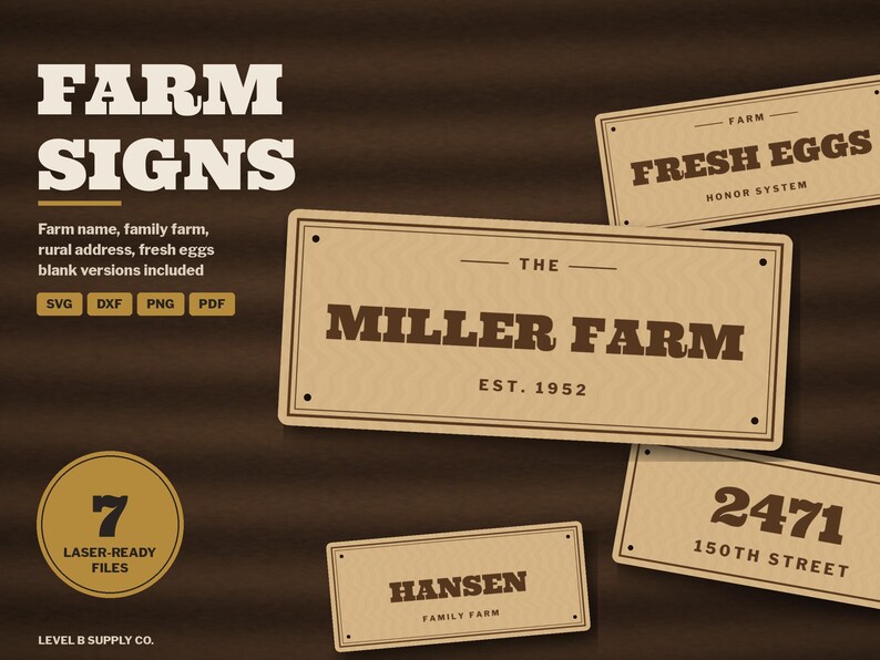 Op de afbeelding: Een digitale grafische weergave met vier rechthoekige bordontwerpen met donkerbruine tekst op een lichtbruine achtergrond. De borden bevatten tekst zoals FRESH EGGS, THE MILLER FARM EST. 1952, 2471 150TH STREET en HANSEN FAMILY FARM. Een cirkelvormig embleem geeft 7 LASER-READY FILES aan.