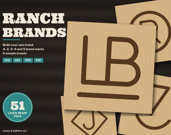 Ranch Brand SVG Alphabet, Cattle Brand Letters and Numbers, Build Your Own Brand Laser File, Rocking Bar Circle Diamond Marks DXF
