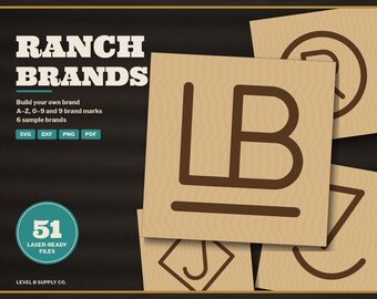 May include: Digital file set titled Ranch Brands by Level B Supply Co. includes 51 laser-ready files in SVG, DXF, PNG, and PDF formats. Features A-Z letters, 0-9 numbers, and 9 brand marks for custom branding designs on a dark background.
