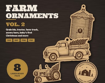 Farm Christmas Ornament SVG Bundle Vol 2, Grain Bin, Tractor, Truck with Tree, Snowy Barn Laser Cut File DXF