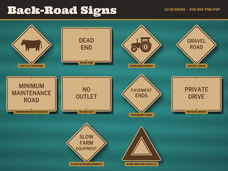 Back Road Sign SVG Bundle, Gravel Road, Minimum Maintenance Road, Cattle Crossing, Slow Moving Vehicle Laser Cut File, Rural Sign DXF Bild 2