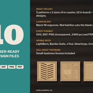 May include: A digital product listing for 10 laser-ready design files in SVG, DXF, PNG, and PDF formats. The text specifies 5 patterns in 4-inch and 10-inch sizes, compatible with LightBurn, Bambu Suite, xTool, Glowforge, and Cricut software.