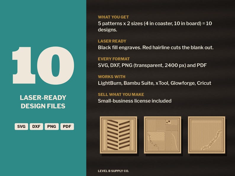 May include: A digital product listing for 10 laser-ready design files in SVG, DXF, PNG, and PDF formats. The text specifies 5 patterns in 4-inch and 10-inch sizes, compatible with LightBurn, Bambu Suite, xTool, Glowforge, and Cricut software.