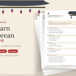 Könnte beinhalten: Ein digitales Paket mit Koreanisch-Lernarbeitsblättern, bestehend aus einem Stapel Seiten mit Inhaltsverzeichnis, Hangul-Lektionen, K-Drama-Phrasen und Reisewortschatz, verziert mit traditionellen Dachillustrationen und rot-blauen Laternen.