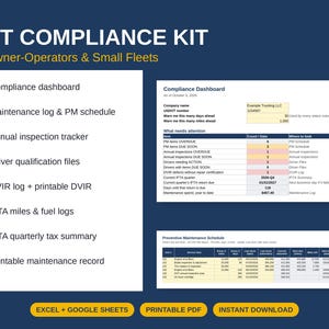 Kit de Conformidade DOT para Proprietários-Operadores | Manutenção de Caminhões, IFTA, DVIR (Excel, Planilhas Google)