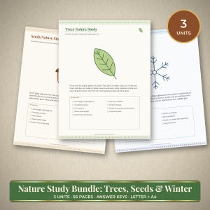 Könnte beinhalten: Ein dreiteiliges Naturkunde-Set mit Arbeitsblättern zu Bäumen, Samen und Winter. Jede Seite enthält Text, Diagramme und Checklisten für Aktivitäten wie Vokabelübungen, Wortsuchrätsel und Beschriftungsaufgaben für den Unterricht.