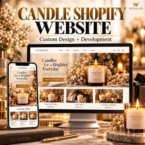 May include: A computer monitor and smartphone displaying a website for Lumiere candles, featuring the text Candle Shopify Website, Custom Design + Development, and images of lit candles with labels like Amber & Oak and Santal & Rose.