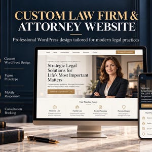 May include: A computer monitor and smartphone displaying a law firm website with the text CUSTOM LAW FIRM & ATTORNEY WEBSITE. The screen shows a professional woman, legal practice areas, and a Schedule a Consultation button.