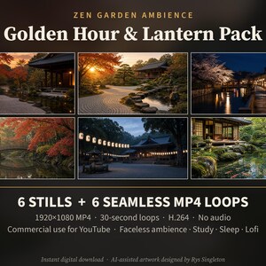 Puede incluir: Una colección digital titulada Zen Garden Ambience Golden Hour & Lantern Pack que contiene seis imágenes fijas y seis bucles de video MP4 fluidos de 1920x1080. Las imágenes muestran jardines japoneses, linternas de piedra y estanques.