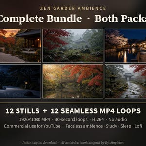 Könnte beinhalten: Ein digitales Paket mit dem Titel ZEN GARDEN AMBIENCE Complete Bundle Both Packs mit sechs Landschaftsbildern japanischer Gärten. Enthält 12 Standbilder und 12 nahtlose 1920x1080 MP4-Schleifen, 30 Sekunden Dauer, H.264-Format, ohne Audio.