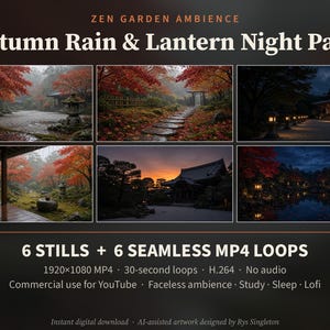 Könnte beinhalten: Ein digitales Medienpaket mit dem Titel Zen Garden Ambience: Autumn Rain & Lantern Night Pack, das sechs Standbilder und sechs nahtlose 1920x1080 MP4-Videoschleifen von japanischen Gärten mit roten Ahornbäumen, Steinlaternen und Architektur zeigt.