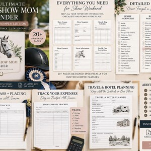 Könnte beinhalten: Ein digitales Ordner-Set mit dem Titel The Ultimate Horse Show Mom Binder Hunter/Jumper Edition, das druckbare Seiten für Turnierpläne, Packlisten, Ausgabenverfolgung und Reiseplanung zur Organisation von Reitsport-Wochenenden enthält.
