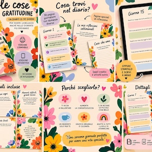May include: A 30-day gratitude journal with a floral cover featuring pink, orange, and yellow flowers. The digital and printable pages include daily prompts, weekly reflection sections, and creative spaces, all decorated with colourful botanical illustrations.