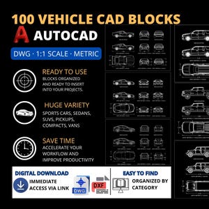 May include: A digital collection of 100 vehicle CAD blocks for AutoCAD in DWG format. The black background features white technical line drawings of various cars, SUVs, and trucks, including side, front, and rear elevations with metric dimensions.