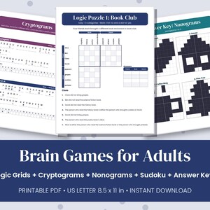 Juegos mentales para adultos imprimibles / Rompecabezas de lógica, criptogramas, nonogramas y sudoku con soluciones / Libro de rompecabezas en PDF