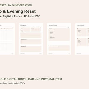 Könnte beinhalten: Ein 12-seitiger digitaler PDF-Planer mit dem Titel Sleep & Evening Reset von Onyx Création. Das Dokument enthält vier druckbare Seiten mit Abschnitten für einen monatlichen Schlaf-Tracker, Abend-Reset, Abendroutine und ein Wind-Down-Menü im US-Letter-Format.