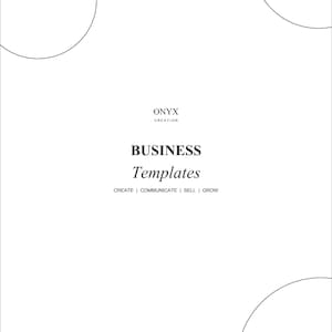 Puede incluir: Una página de documento blanca con el texto ONYX CREATION, BUSINESS Templates y CREATE | COMMUNICATE | SELL | GROW en fuente negra. El diseño incluye contornos circulares negros finos en las esquinas superior izquierda, superior derecha e inferior derecha.