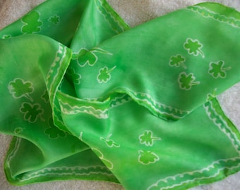 St. Patrick's Day Hand  Green Shamrock Silk Scarf