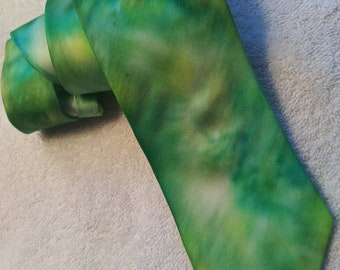 Hand Painted Silk Necktie in Blended Greens