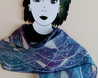 Hand Painted Blue Abstract Silk Scarf