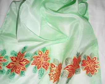 Poinsettia Hand Painted Silk Christmas Scarf