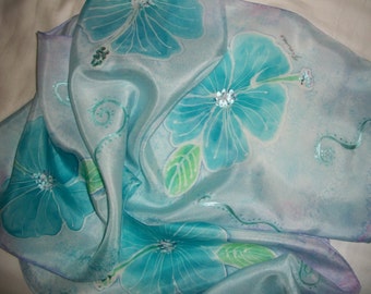 Hand Painted  Blue Tropical Hibiscus  Silk Scarf