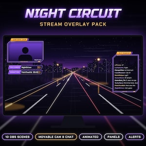 Może przedstawiać: Pakiet nakładek do streamowania Night Circuit wyświetlony na monitorze komputera. Projekt charakteryzuje się fioletowo-pomarańczową kolorystyką z tłem autostrady, ramką na kamerę kierowcy, oknem czatu pit radio oraz etykietami tekstowymi.