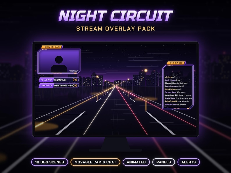 Może przedstawiać: Pakiet nakładek do streamowania Night Circuit wyświetlony na monitorze komputera. Projekt charakteryzuje się fioletowo-pomarańczową kolorystyką z tłem autostrady, ramką na kamerę kierowcy, oknem czatu pit radio oraz etykietami tekstowymi.