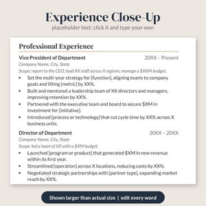Pu&ograve; includere: Un modello di curriculum professionale con il titolo Experience Close-Up e testo segnaposto per l'esperienza professionale, inclusi ruoli di vicepresidente e direttore con elenchi puntati per responsabilit&agrave; e metriche.